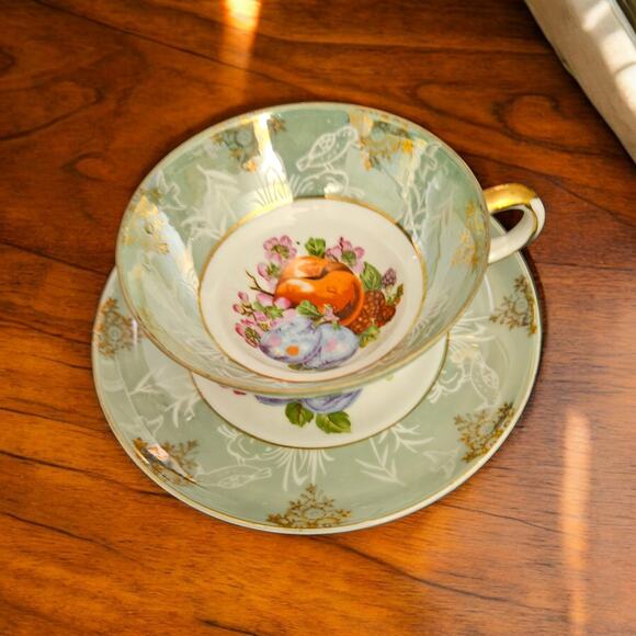 Vintage Old Foley Japan Hand Painted Cup & Saucer Fruit Design Gold Trim Green - Picture 1 of 6